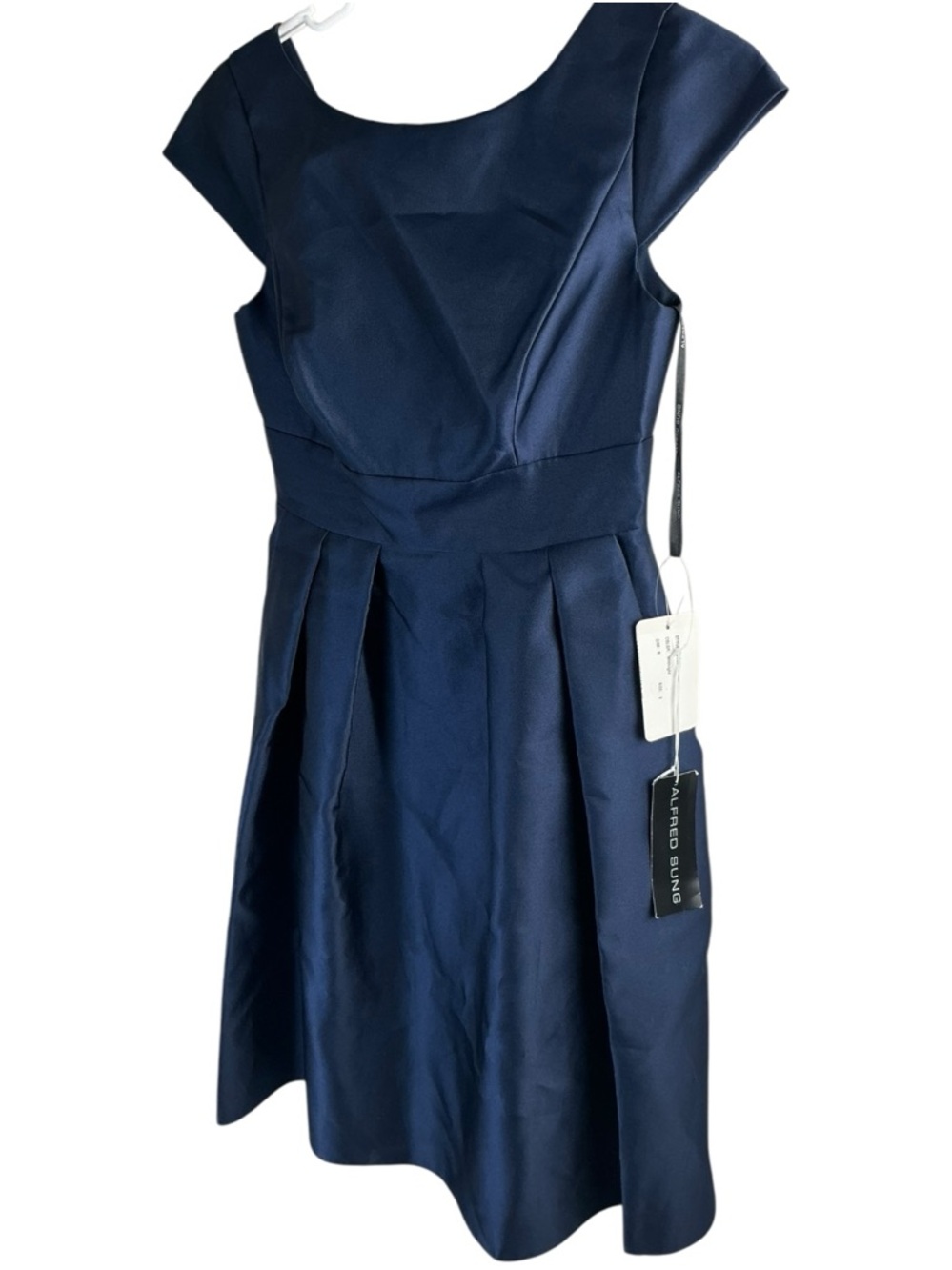 ALFRED SUNG Navy Cap-Sleeve Pleated Midi Dress - Picture 2 of 8